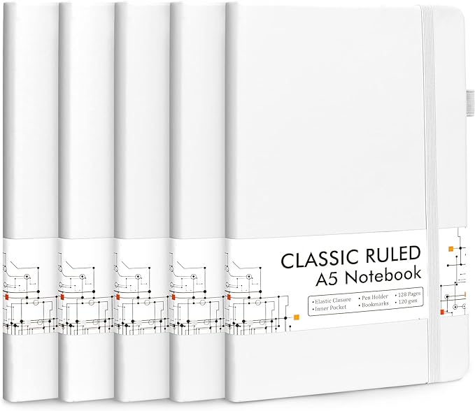 feela 5 Pack Notebooks Journals Bulk, Hardcover Notebook Classic Ruled Lined Journals with Pen Holder for Women Girls School Business Supplies, with 5 Black Pens, 120 GSM, 5.1”x8.3”, A5, White