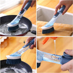 Soap Dispensing Dish Brush with 4 Replaceable Heads, Updated No Leaking Soap Dish Scrubber Soap Dispenser, Kitchen Dish Brush with Soap Dispenser for Pot Pan Sink Cleaning(Blue)