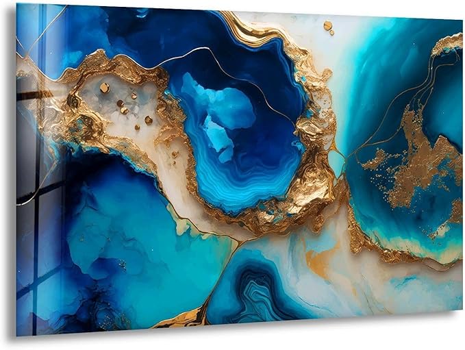 My Photostation.com 20Wx14H'' Blue Alcohol ink Glass Wall ArtTempered Glass Printing Wall Decor Large Wall Art Wall Hangings