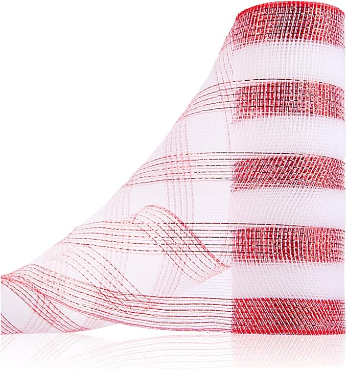 Anivia Deco Mesh Ribbon, 10inch x 30 Feet Each Roll Metallic Foil Mesh Ribbon for Wreaths Swags, Holloween, and Christmas Tree Decoration (Red&White)
