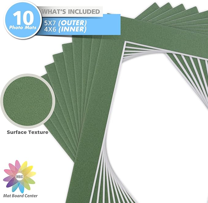Mat Board Center, Pack of 10, 5x7 for 4x6 Rock Garden Color Mats - Bevel Cut, Acid Free, 4-ply Thickness, White Core - for Pictures, Photos, Framing
