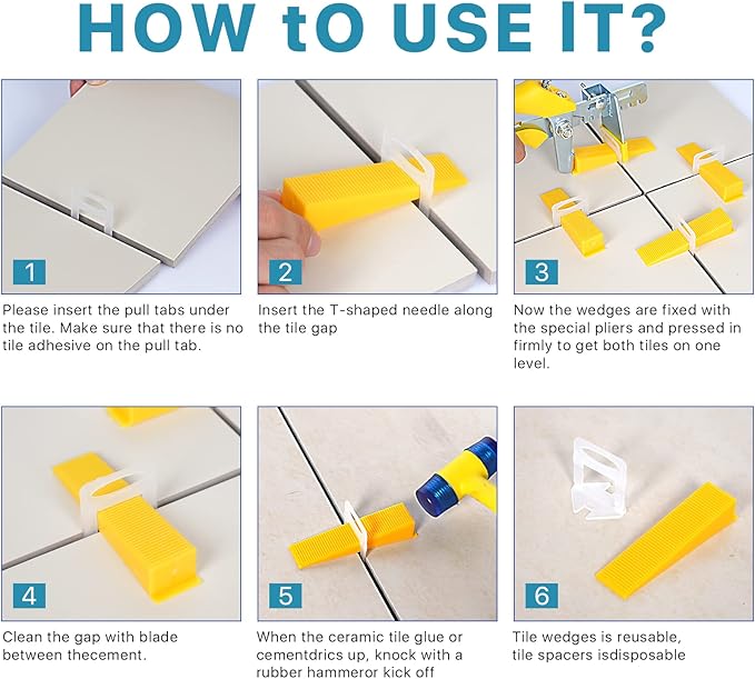 Tile Leveling System with Plier 600Pcs Piece Spacers Clips 200Pcs Piece Reusable Wedges and 1 Rubber Mallet Tile Tools Set for Stone Installation (1/32"(1.0 mm))