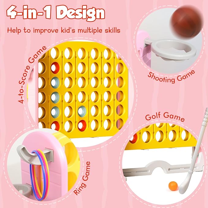 Ancaixin Giant 4 in-A-Row Connect Game Set, Adjustable Height Jumbo Yard Game with Basketball Hoop, Golf, Mesh Pocket & Ring Toss, Indoor Outdoor Family Backyard Party Game for Kids and Adults, Yellow