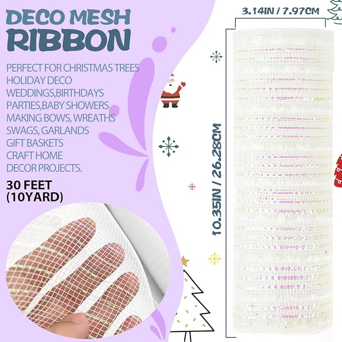 Anivia Deco Mesh Ribbon, 10inch x 30 Feet Each Roll Metallic Foil Mesh Ribbon for Wreaths Swags, Holloween, and Christmas Tree Decoration (White/Iridescent Foil)