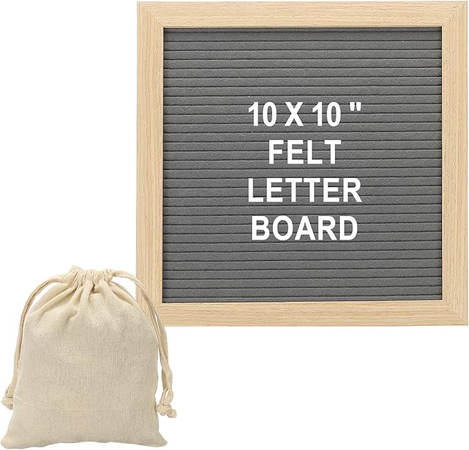 PATIKIL Felt Letter Board, 10x10Inches Gray Wooden Changeable Message Board with Storage Bag Stand for Kitchen Menu Classroom Farmhouse Decor Notes, White Bronze Letter