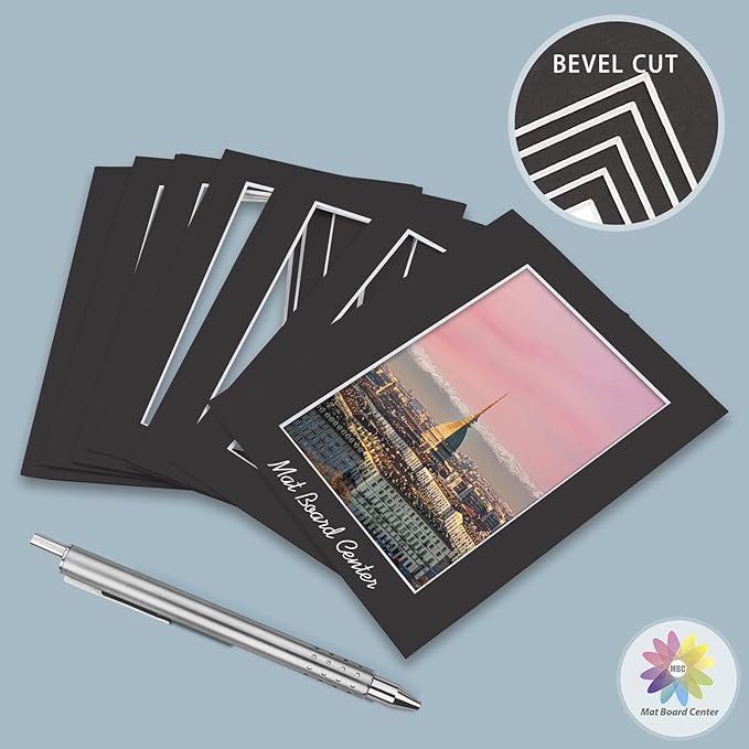 MBC Mat Board Center, 10 Pack 12x16 for 9x12 Black Picture Mats Frame Mattes, Bevel Cut, Acid Free, 4-ply Thickness