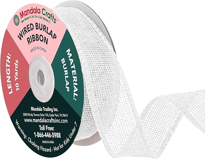 Mandala Crafts White Burlap Wired Ribbon 1 Inches Wide Jute Ribbons for Crafts - 10 Yds Roll Rustic Burlap Wrap Trim Ribbons for Wreaths Bows Party Decoration