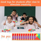 Shappy 36 Pieces Wooden Tangram Puzzles for Kids Educational Shape Puzzle Toys Geometric Pattern Brain Logic Puzzle Blocks for Students Educational Activities Back to School Gifts(Novelty Style)