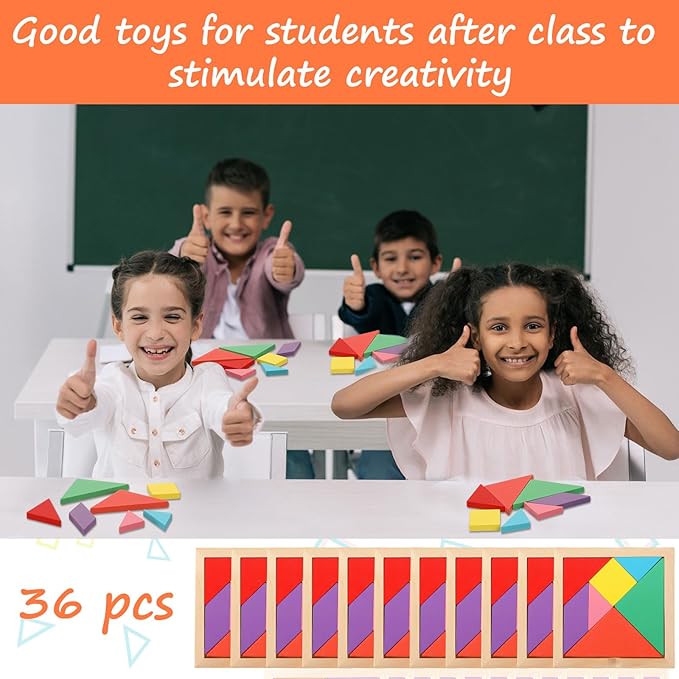 Shappy 36 Pieces Wooden Tangram Puzzles for Kids Educational Shape Puzzle Toys Geometric Pattern Brain Logic Puzzle Blocks for Students Educational Activities Back to School Gifts(Novelty Style)