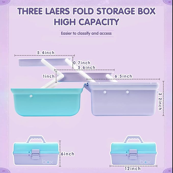 12in Three-Layer Multipurpose Storage Box Organizer Folding Tool Box/Art & Crafts Case/Sewing Supplies Organizer/Medicine Box/Family First Aid Box with 2 Trays (Purple Blue)