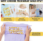 TECKWRAP Gold HTV Heat Transfer Vinyl 12" x 5ft Chrome Gold Vinyl for Craft Cutter, Heat Press Machine Iron On Vinyl for T-Shirts Easy to Cut & Weed