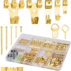 303-Piece Picture Hanging Assortment, Heavy Duty Hooks, Nails, Sawtooth, D-Rings, Wire, Level, and Metal Wall Hooks for Picture Framing and Canvas Mounting (Gold)