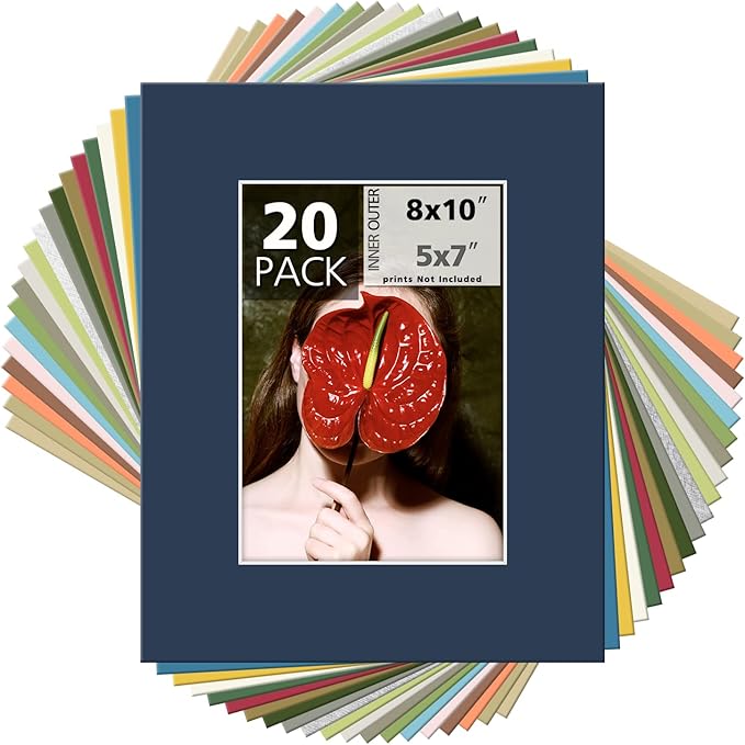 Mat Board Center, Pack of 20, 8x10 Mixed Colors White Core Picture Mats Mattes Matting for 5x7 Photo