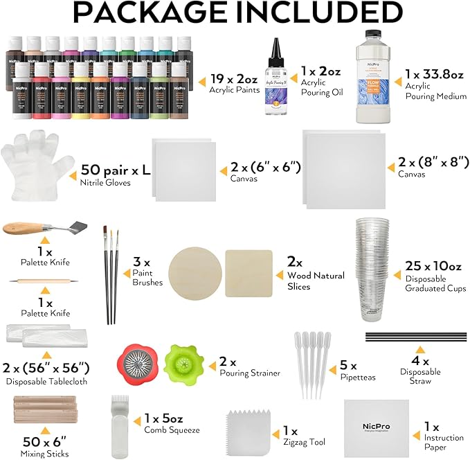 Nicpro Acrylic Pouring Kit, Artist Starter Supplies Including 19 Colors Acrylic Paints,Pouring Medium, Silicone Oil, Canvases, Gloves, Strainers, Mixing Stick, Instructions for Flow DIY Painting