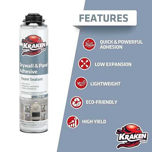 KRAKEN BOND Drywall & Panel Adhesive Foam - (12x24oz) Heavy-Duty, Fast-Curing Construction Adhesive for Concrete, Wood, and Heat Insulation Applications - Gun&Gun Cleaner Set