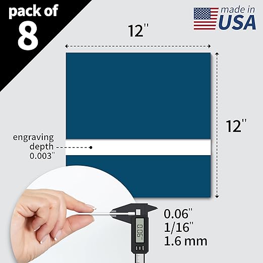 Trotec TroLase | 12"x12"x1/16", 8 Pcs | Blue/White | 2 Ply | Modified Acrylic | Laser Engraving Double Color Plastic Sheet | Engraving Blanks for Laser, Saw, Guillotine | Made in USA