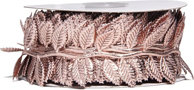 BASOKAN Rose Gold Leaves Ribbon for Wedding Party Home Decorations - 20 Yards - Leaf Trim Rope for Garland and DIY Crafts
