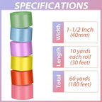 1-1/2 Inch Rainbow Satin Ribbons for Crafts, 6 Rolls Single-Faced Rainbow Assorted Ribbons for Gift Wrapping Flower Bouquet Wedding Invitations Bridal Shower Hair Bow Garland Party Decor