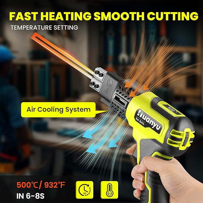 Huanyu Cordless Hot Knife with Temperature Display 100W Max 500℃ 3.0Ah Battery Powered Air Cooling Cutting Tool 2 Blades 4"+6" Set Electric Hot Knife for Styrofoam, Rope, Fabric, Acrylic