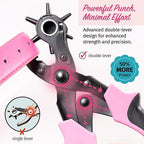 Precision Leather Hole Punch Tool, Best for Belts, Fabric, Leather (Up to 5mm Thick), Multi-Size Puncher for DIY, Craft & Home Projects, Comfortable for Smaller Hands with Reduced Handle Spread, Pink