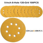 5-Inch 8-Hole Hook and Loop Sanding Discs 120-Grit Random Orbit Sandpaper, 100-Pack