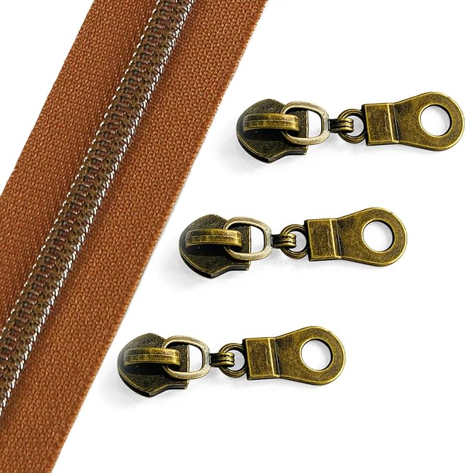 Sawoake 10 Yards Bulk Zipper(#5), Brown Nylon Coil Zipper with Rose Gold Teeth by The Yards, Replacement Sewing Zipper with 10PCS Zipper Sliders for DIY Sewing Craft Bags(#5 AntiqueBrass Brown)