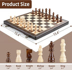 Magnetic Wooden Chess Set for Adults Kids,15" Folding Chess Board with Wood Texture 2 Extra Queens - Handmade Pieces Travel Board Games for Professional Beginner