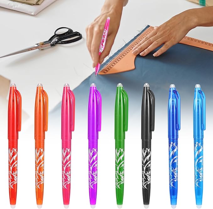 8pcs Heat Erasable Pens for Fabric, Fabric Marking Pens Fabrics Markers No Ghost Lines, Disappearing Ink for Precise Marking for Quilting Sewing Embroidery DIY Dressmaking Fabrics Tailors Chalk