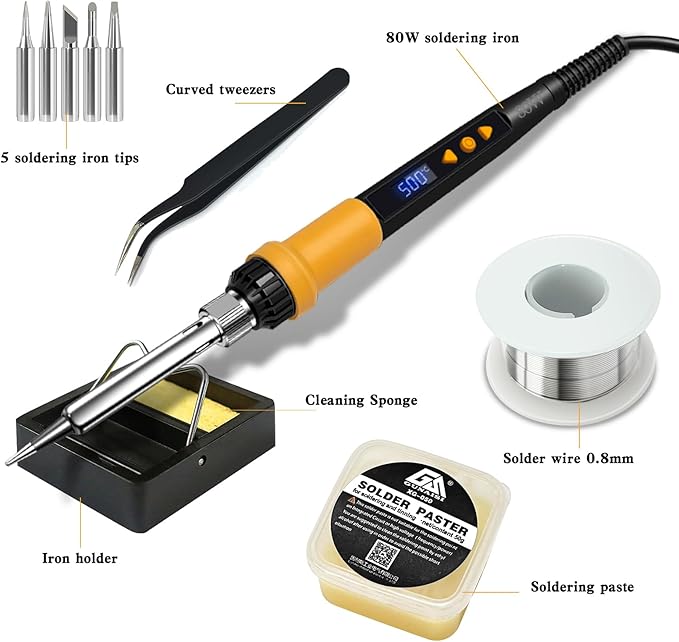 Soldering Iron Kit,80W LED Display Adjustable Temperature Soldering Iron Kit with Automatic Sleep Mode, Includes 5 Tips, Solder Wire, Stand, Flux - Professional Blue Welding Tool for Repair and DIY