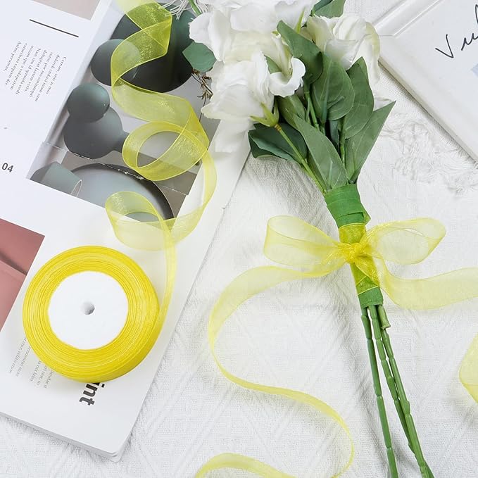 Ribbon for Gift Wrapping 3/4 inch Yellow Sheer Organza Ribbon for Flower Bouquet Tulle Thin Chiffon Ribbons for Wedding Invitations Christmas Halloween Presents Decorations Crafts 50 Yards