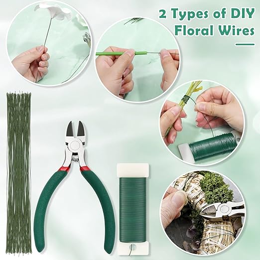 PAXCOO Floral Tape and Floral Wire Arrangement Tool Kit with Green Floral Tape, Floral Wire, Boutonniere Flower pin, Wire Cutter, White Ribbon and Elastic Pearl Wrist Corsage Bands for Bouquets