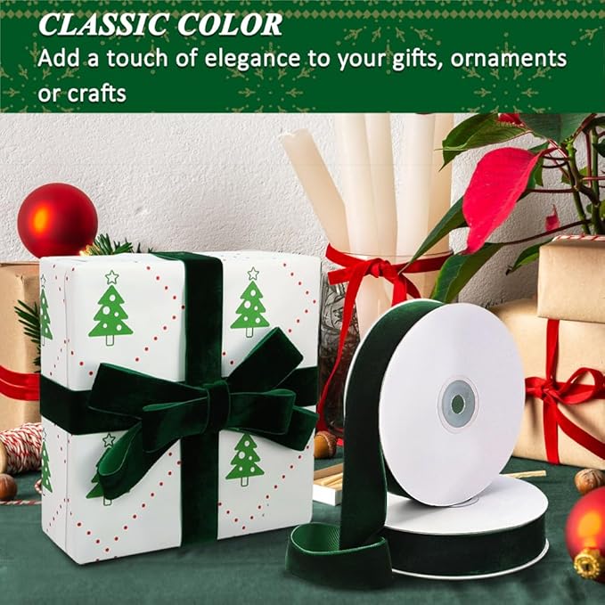 Dark Green Velvet Ribbon, 1 Inch x 20 Yards Single Faced Green Ribbon for Gift Wrapping, Bow Making, Christmas Tree Decorations, Wreath Making and DIY Crafts (10 Yards Each Roll)