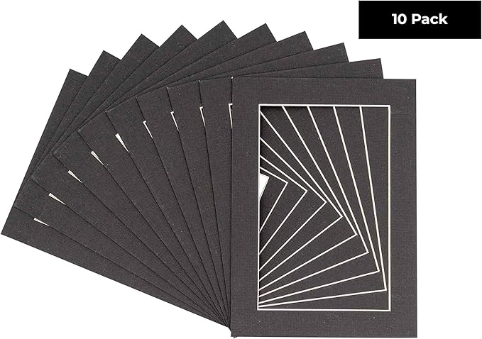 6x8 Mat for 8x10 Frame - Precut Mat Board Acid-Free Show Kit with Backing Board, and Clear Bags Textured Black 6x8 Photo Matte Made to Fit a 8x10 Picture Frame Matboard for Framing, Pack of 10 Mats