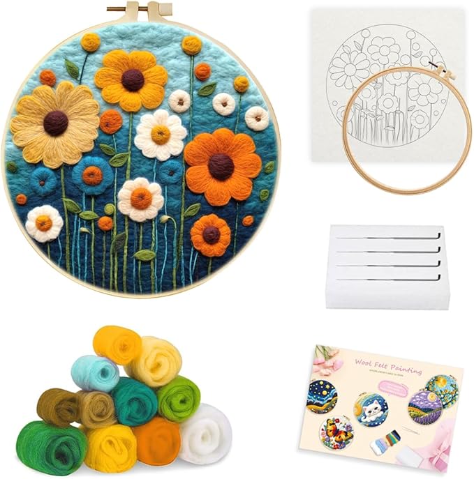 yesJRL Needle Felting Kits Beginners, Natural Landscape DIY Wool Needle Felting Starter Kit, Floral Needle Felt Set with Foam Pad, Felt Cloth and Instructions, Used for Home Decoration (Orange)