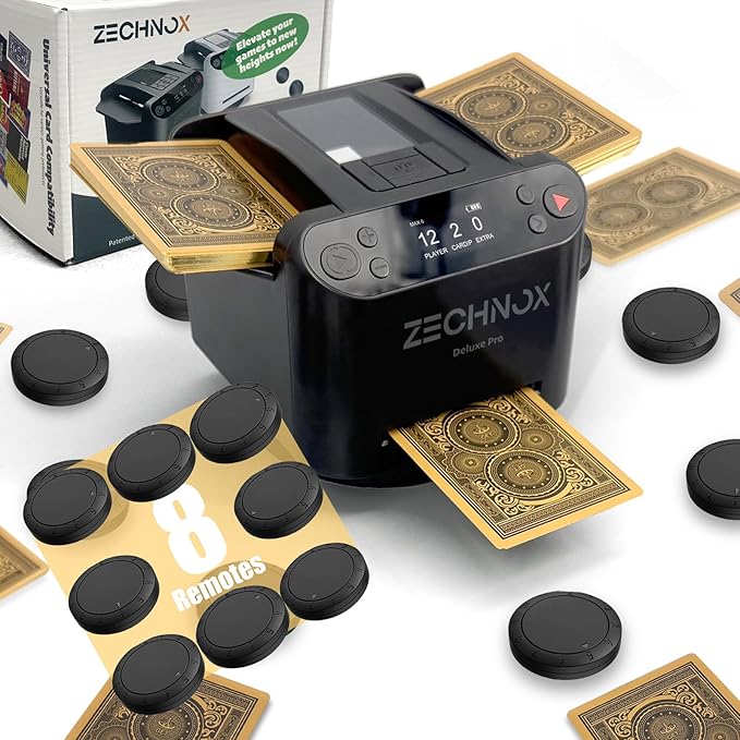 2025 New Smart 2-in-1 Automatic Card Shuffler and Dealer,Programmable Card Dealer,Card Shuffler 2 Deck,360° Rotation,Ultra Quiet,Rechargeable,Support 12 Players (Black Pro+8 remotes)