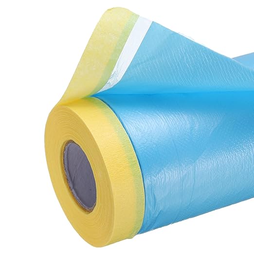 uxcell Pre-Taped Masking Film, 1.8ft x 82ft Plastic Paint Drop Cloth with Medium-Tack Painters Tape for Painting Spraying Protection Blue Film 6Pcs
