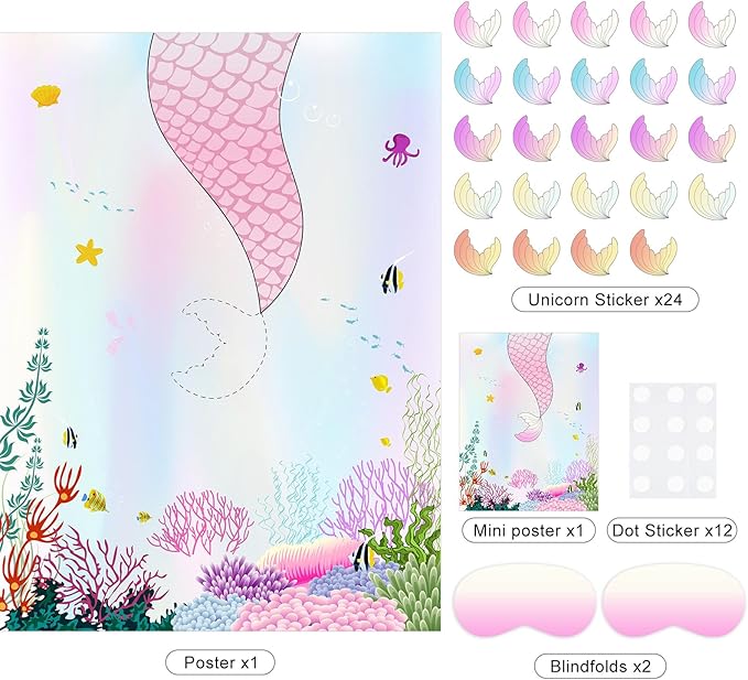 ASTARON Pin The Tail on The Mermaid Game for Birthday Party, Mermaid Party Game with 24 pcs Tail Stickers Birthday Party Supplies for Wall Home Room Decorations