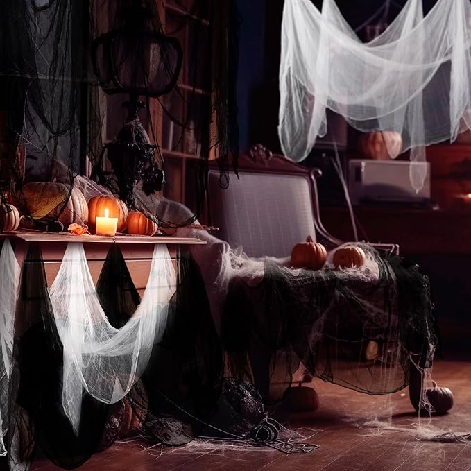Boao Halloween Cheese cloth 84.65 x 98.43 Inch White Black Cheesecloth Roll for Crafts Large Cotton Muslin Gauze Fabric for Halloween Outdoor & Indoor Spooky Decoration