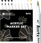 Arrtx Acrylic Paint Pens, 10 Pack Extra Brush Tip White Paint Markers Metallic for Rock Fabric Wood Glass Canvas Ceramic, 4 White 4 Black 1 Gold & 1 Silver, Water Based Ink, DIY Crafts