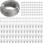 Picture Hanging Wire Kit, 100 FT Braided Hanging Wire, 60pcs D Ring Picture Hangers , 60pcs Aluminum Crimping Loop Sleeve, 60pcs Screws, for Hanging Pictures Painting Hanging Kit Photo Frames