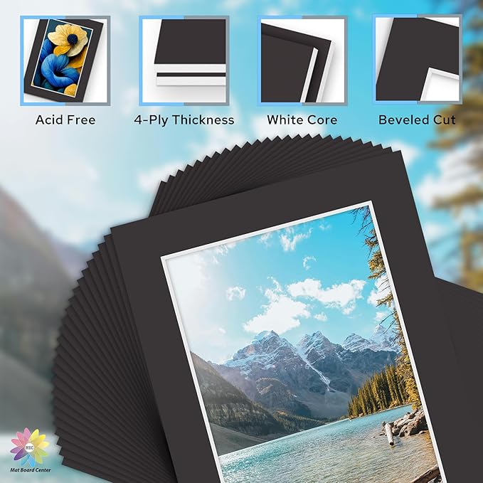 Mat Board Center, Pack of 50, 5x7 for 4x6 Black Mat Kit - Acid Free, 4-ply Thickness, White Core - Includes Backing Boards and Clear Bags - for Pictures, Photos, Framing