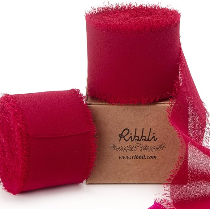 Ribbli Dark Red Chiffon Ribbon 1-1/2 inch x 20 Yard Handmade Fringe Chiffon Silk Ribbon,Dark Red Ribbon for Wrapping, Wedding Invitations, Bridal Bouquets, Home Decor