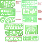 11 Pieces Geometric Drawings Templates Stencils Plastic Measuring Template Rulers Clear Green Shape Template for Drawing Engineering Drafting Building School Office Supplies