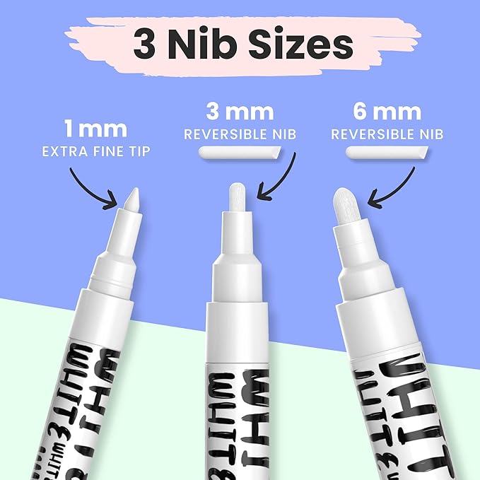 Chalkola White Chalk Markers - White Dry Erase Liquid Chalk Pens for Chalkboard, Blackboard, Window, Bistro, Car Glass, Board, Signs - Variety Pack of 6 - (2x) 1mm, 3mm & 6mm