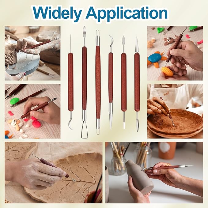 Amrules Clay Tools Kit, 6 PCS Red Wooden Clay Sculpting Tools, Double Head Practical Polymer Tool Set Suitable for Adults, Pottery Craft, Carving, Modeling and Shaping