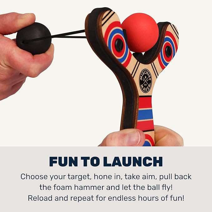 Mighty Fun! - Mischief Maker® Wooden Slingshot - Classic Series - Real Wood Slingshot for Kids, 4 Soft Foam Balls and Storage Bag - Ages 4+ (red)