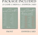 Bridal Shower Games Cards, Bridal Word Scramble, 25 Game Cards with 1 Answer Card, Engagement Party Wedding Games for Guests, Minimalist Green Wedding Party Supplies - C14
