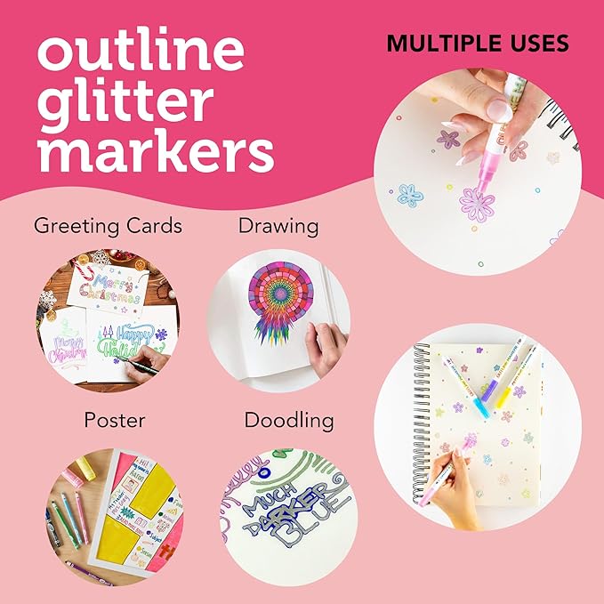 Incraftables Outline Glitter Markers (12 Colors) – Metallic, Double Line Pens, Shimmer Markers for Crafts, Greeting Cards, Drawing & Kids Adults