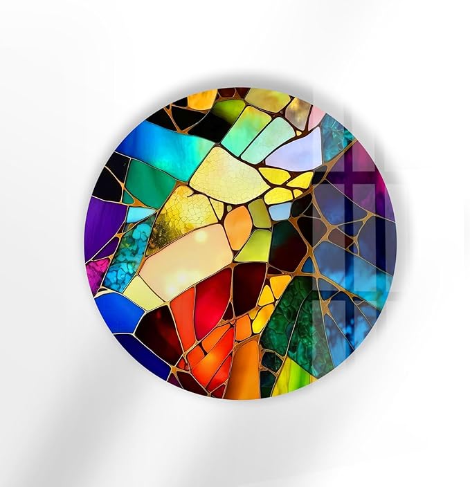 My Photostation.com 39,4''(100cm) Diameter Multicolor Round Stained Glass Wall Art Vibrant Mosaic Abstract Panel Tempered Glass Printing Wall Decor Large Wall Art Wall Hangings