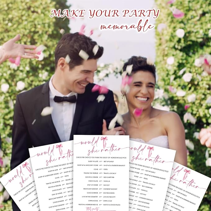 Wedding Shower Games Cards, Would She Rather Bridal Shower Game for 25 Guests, Engagement Party Wedding Games for Guests, Pink Ribbon Bow Wedding Party Supplies - E11